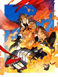  2boys arm_guards artistic_error beard belt black_legwear blonde_hair blue_eyes blue_sky bodysuit boku_no_hero_academia bomber_jacket boots border burn_scar contrail costume crossed_arms day endeavor_(boku_no_hero_academia) eye_mask facial_hair facial_mark falling_feathers feathered_wings feathers fingerless_gloves fire fur-trimmed_jacket fur_trim gloves goatee grin hawks_(boku_no_hero_academia) headphones highres jacket male_focus mature_male moustache multiple_boys muscular muscular_male natsuko_(summer_525528) open_mouth outside_border pyrokinesis red_feathers red_hair red_wings rimless_eyewear scar scar_across_eye scar_on_cheek scar_on_face scar_on_mouth serious shirt short_hair sideburns skin_tight sky smile spiked_hair stubble thighs tight_clothes tight_shirt tinted_eyewear vambraces white_border wings wrong_hand yellow_eyes 