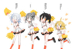  &gt;_o 4girls agoshi_sakina ahoge alternate_costume alternate_hairstyle arm_up bare_shoulders black_hair blonde_hair blush cheerleader closed_eyes crop_top fake_horns feet_out_of_frame fish_hair_ornament grey_eyes grey_hair hair_between_eyes hair_bun hair_horns hair_ornament hand_on_own_hip heart height_difference highres horns kokaki_mumose matching_outfits medium_hair multiple_girls navel nervous null-meta one_eye_closed open_mouth orange_eyes orange_socks pleated_skirt pom_pom_(cheerleading) red_pupils shoes short_hair short_ponytail sidelocks simple_background skirt smile sneakers socks souen_chiaki standing standing_on_one_leg stomach sweat takada_shiyuki uozumi_kurumi v-shaped_eyebrows wavy_hair white_background white_hair 