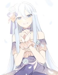  bad_id bad_twitter_id blue_eyes blue_hair carnation_recollection_(project_sekai) choker commentary e250430 female flower gem grin hair_between_eyes hair_ornament highres korean_commentary light_blue_hair light_blush long_hair looking_at_viewer official_alternate_costume own_hands_clasped own_hands_together pearl_(gemstone) pearl_hair_ornament project_sekai rose smile solo very_long_hair white_background white_flower white_rose yoisaki_kanade 