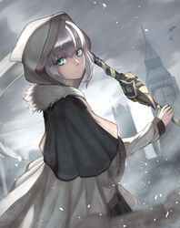  absurdres aito closed_mouth fate/grand_order fate_(series) female fur_trim gray_(fate) green_eyes grey_hair highres hood hood_up looking_at_viewer lord_el-melloi_ii_case_files short_hair solo weapon 