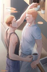  2boys black_tank_top coffee_mug couple cup denim english_text eye_contact feet_out_of_frame from_above from_side highres jeans kitchen looking_at_another male_focus mug multiple_boys o3tofu pants pectorals porco_galliard reiner_braun shingeki_no_kyojin shirt short_hair tank_top toned toned_male undercut white_shirt yaoi 