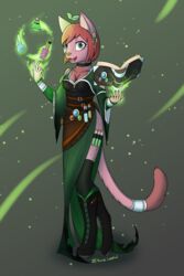  anthro azural_cobaltros belt book boots cloak clothing corset cuff_(restraint) ear_piercing ear_ring felid feline female footwear hi_res levitation lingerie magic_user mammal piercing plant_on_head restraints ring_piercing robe shackles smile solo spellbook tail tail_cuff topwear utility_belt vial 