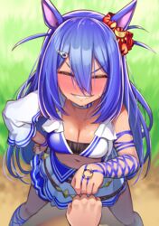  1boy animal_ears arm_at_side blue_hair blush breasts cleavage closed_eyes ear_scrunchie feet_out_of_frame female fist_bump from_above hair_ornament hairclip hand_on_own_hip hcstyrus_ii highres hishi_amazon_(umamusume) horse_ears horse_girl legs_apart long_hair looking_at_viewer medium_breasts midriff navel nose_blush orange_eyes outdoors pov shadow single_sleeve skirt smile solo_focus standing sweat trainer_(umamusume) umamusume v-shaped_eyebrows white_skirt 