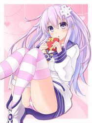  ass blush breasts choker d-pad d-pad_hair_ornament dress feet_out_of_frame female gift hair_between_eyes hair_ornament hands_up heart heart_background highres holding holding_gift kazuneko_(wktk1024) knees_together_feet_apart knees_up light_purple_hair long_hair looking_at_viewer medium_breasts neckerchief nepgear neptune_(series) open_mouth panties pink_background purple_eyes purple_hair sailor_dress solo striped_clothes striped_panties striped_thighhighs thigh_strap thighhighs thighs underwear upskirt valentine very_long_hair white_choker white_dress yellow_neckerchief 