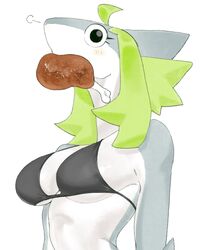  anthro big_breasts bikini bikini_top black_bikini black_bikini_top black_clothing black_swimwear breasts breath cat_pepper clothing digital_media_(artwork) eyelashes female fish food food_in_mouth green_hair grey_body grey_skin hair hi_res looking_at_viewer marine meat multicolored_body roji_(cat_pepper) shark side_boob simple_background solo swimwear two_tone_body white_body white_skin 