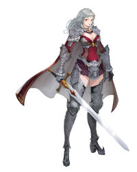  absurdres armor armored_boots black_gloves boots breasts cape cleavage closed_mouth collar commentary cuisses ddcc0123 english_commentary faulds female frilled_collar frilled_skirt frills full_body gloves grey_hair highres holding holding_sword holding_weapon large_breasts light_blush lips long_hair long_sleeves looking_at_viewer looking_to_the_side original pauldrons pink_lips poleyn purple_skirt red_bodice red_cape shoulder_armor simple_background skirt solo standing sword tachi-e vambraces weapon white_background yellow_eyes 