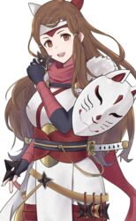  alternate_costume armor brown_eyes brown_hair female fire_emblem fire_emblem_fates fire_emblem_heroes hana_(fire_emblem) hana_(ninja)_(fire_emblem) headband long_hair looking_at_viewer mask mouth_mask ninja ninja_mask open_mouth shuriken sword upper_body vand356 weapon white_background 