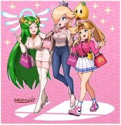  3girls absurdres alternate_costume alternate_hairstyle bag blonde_hair boots breasts casual cleavage cleavage_cutout clothing_cutout contemporary crown denim earrings floating full_body green_hair hair_over_one_eye high_heel_boots high_heels highres jacket jeans jewelry kid_icarus kid_icarus_uprising long_hair luma_(mario) mario_(series) mini_crown miniskirt multiple_girls open_mouth palutena pants pleated_skirt pointy_ears ponytail princess_zelda rosalina sarukaiwolf shoes shopping_bag shoulder_cutout skirt smile sneakers star_cutout super_smash_bros. the_legend_of_zelda the_legend_of_zelda:_a_link_between_worlds thigh_boots thighhighs tiara triforce triforce_earrings turtleneck very_long_hair walking 