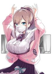  absurdres arms_up blue_eyes blush bow breasts commentary_request female frilled_shirt frills hairbow highres jewelry large_breasts looking_at_viewer mask medium_hair mouth_mask nijisanji open_clothes pink_hair pink_sweater ponytail shirt skirt solo surgical_mask suzuhara_lulu sweater taketatetakeya virtual_youtuber 