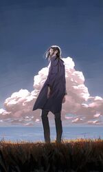  1boy cloud coat eren_yeager from_below grass green_eyes highres long_hair male_focus o3tofu open_clothes open_coat pants shingeki_no_kyojin sky solo standing wind 