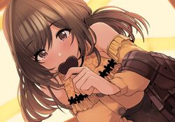  backlighting bare_shoulders blush breasts brown_eyes brown_hair brown_skirt buttons candy chocolate covering_own_mouth female food heart heart-shaped_chocolate highres idolmaster idolmaster_shiny_colors large_breasts leaning_forward long_hair long_sleeves looking_at_viewer off-shoulder_shirt off_shoulder shawl shirt skirt solo swept_bangs tied_hair tsukioka_kogane upanishi_mariko yellow_shirt 