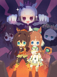  5girls animal_ears aqua_eyes blue_eyes boots brown_hair chibi cleavage_cutout cloak clothing_cutout commentary crown domino_mask el_condor_pasa_(kukulkan_monk)_(umamusume) el_condor_pasa_(umamusume) gold_ship_(legend_of_king_uma_-_the_strongest_in_question)_(umamusume) gold_ship_(umamusume) grass_wonder_(saint_jade_healer)_(umamusume) grass_wonder_(umamusume) green_eyes hair_intakes highres holding holding_staff horse_ears horse_girl horse_tail king_halo_(take_part_in_a_waltz_this_evening)_(umamusume) king_halo_(umamusume) long_hair mage_staff mask medium_request multiple_girls mystical_high_collar noto_(user_dajk3722) official_alternate_costume red_eyes seiun_sky_(let&#039;s_dye_the_country_red_tomorrow)_(umamusume) seiun_sky_(umamusume) sidelocks staff tail umamusume white_hair 