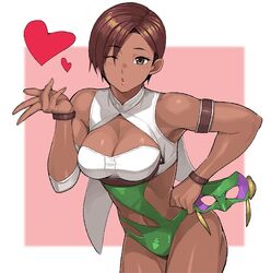  alternate_costume armlet blowing_kiss blush breasts brown_eyes brown_hair cleavage cleavage_cutout clothing_cutout dark-skinned_female dark_skin dead_or_alive elbow_pads female fingernails heart kissing la_mariposa leather lisa_hamilton luchador mask muscular one_eye_closed open_mouth pink_background pose short_hair single_elbow_pad solo swept_bangs umaguti unworn_mask wrestling wrestling_mask wrestling_outfit 