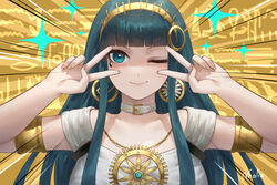  breasts cleopatra_(fate) cleopatra_(third_ascension)_(fate) collar commentary_request double_v earrings emotional_engine_-_full_drive fate/grand_order fate_(series) female green_eyes green_hair hairband highres hoop_earrings jewelry long_hair looking_at_viewer necklace nhaliz one_eye_closed smile solo v very_long_hair white_collar 