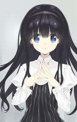  black_hair black_hairband blue_eyes buttons dress female grey_background hairband juliet_sleeves long_hair long_sleeves looking_at_viewer original own_hands_together puffy_sleeves sasaki_mutsumi shirt simple_background smile solo striped_clothes striped_dress upper_body white_shirt 