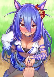  1boy animal_ears arm_at_side blue_hair blush breasts cleavage ear_scrunchie feet_out_of_frame female fist_bump from_above hair_between_eyes hair_ornament hairclip hand_on_own_hip hcstyrus_ii highres hishi_amazon_(umamusume) horse_ears horse_girl legs_apart long_hair looking_at_viewer medium_breasts midriff navel nose_blush orange_eyes outdoors pov shadow single_sleeve skirt smile solo_focus standing sweat trainer_(umamusume) umamusume v-shaped_eyebrows white_skirt 