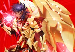  1boy absurdres armor black_bodysuit blue_hair bodysuit breastplate dark-skinned_male dark_blue_hair dark_skin earrings energy_ball fate/grand_order fate_(series) glowing glowing_armor golden_wings gradient_hair highres jewelry long_hair looking_at_viewer male_focus multicolored_hair onasu_(sawagani) purple_hair red_background red_eyes romulus_quirinus_(fate) skin_tight solo upper_body very_long_hair wings 