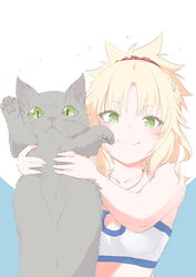  animal bandeau blonde_hair blush braid commentary_request fate/apocrypha fate_(series) feline female green_eyes half_up_braid highres holding holding_animal long_hair messy_hair mordred_(fate) mordred_(fate/apocrypha) mordred_(memories_at_trifas)_(fate) mozu_(peth) oerba_yun_fang red_scrunchie scrunchie smile 