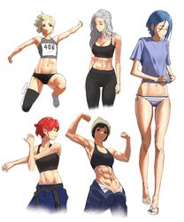  5girls abs armpits arms_at_sides arms_up bare_legs belt bikini bikini_bottom_only black_belt black_hair black_pants black_sports_bra blonde_hair blue_hair blue_pants blue_shirt breasts cleavage clenched_hands closed_eyes closed_mouth clothes_lift crop_top cross-body_stretch flexing flip-flops full_body grey_hair hair_bun hand_up hands_up highres jumping lifting_own_clothes long_hair looking_at_viewer loose_belt medium_breasts midriff_peek multiple_girls navel open_fly open_pants original pants parted_lips pose red_hair sandals shirt shirt_lift short_hair short_sleeves sideboob simple_background sports_bra sportswear standing stretching swimsuit t-shirt tbocart toned walking white_background white_footwear yoga_pants 