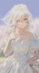  absurdres bare_shoulders blonde_hair breasts bridal_veil cleavage dress female fridaynightcat genshin_impact hair_between_eyes hand_on_own_chest highres lumine_(genshin_impact) off-shoulder_dress off_shoulder short_hair_with_long_locks smile solo veil wedding_dress white_dress yellow_eyes 