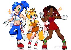  ! !! 3girls animal_ears blonde_hair blue_hair breasts ciosuii commentary crop_top dark-skinned_female dark_skin dreadlocks dress english_commentary fox_ears genderswap_(mtf) gloves goggles goggles_on_head green_eyes grin hedgehog_ears highres humanization knuckles_the_echidna long_hair multiple_girls multiple_tails open_mouth ponytail purple_eyes red_dress red_footwear red_hair rule_63 smile sonic_(series) sonic_the_hedgehog tail tails_(sonic) two_tails white_background white_gloves wrench 