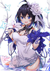  :d ahoge bare_shoulders black_hair blue_eyes blue_gloves blue_hair breasts cleavage cleavage_cutout clothing_cutout commentary_request dress female flower flower_on_liquid gloves gradient_hair hair_between_eyes hair_flower hair_ornament highres honkai_(series) honkai_impact_3rd looking_at_viewer medium_breasts multicolored_hair oerba_yun_fang open_mouth pink_flower seele_vollerei seele_vollerei_(stygian_nymph) single_glove smile solo toki_(yoyobozi) wading water wet white_background white_dress white_flower 