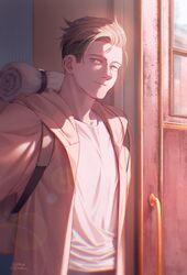  1boy alternate_costume backpack bag blonde_hair brown_eyes brown_hair brown_theme casual door highres hood hood_down light_smile looking_at_viewer male_focus o3tofu porco_galliard shingeki_no_kyojin shirt short_hair sideburns smile solo sunlight upper_body white_shirt 