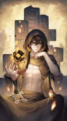  1boy abs absurdres alchemical_quincunx bare_arms black_hair brown_eyes brown_hair brown_skirt closed_mouth collarbone commentary_request cosplay genshin_impact hair_between_eyes hand_on_own_chin hand_up highres hood hood_up jewelry long_hair looking_at_viewer male_focus navel sitting skirt smile solo spade-m spoilers statue_of_the_seven statue_of_the_seven_(cosplay) stomach toned toned_male zhongli_(archon)_(genshin_impact) zhongli_(genshin_impact) 