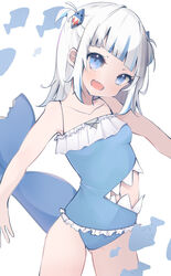  :o adapted_costume bad_id bad_pixiv_id bare_arms bare_shoulders blue_eyes blue_hair blue_one-piece_swimsuit blunt_bangs clothing_cutout cowboy_shot female fins fish_tail frilled_one-piece_swimsuit frills gawr_gura gawr_gura_(1st_costume) grey_hair hair_ornament highres hololive hololive_english light_blush looking_at_viewer medium_hair midriff_peek multicolored_hair navel oerba_yun_fang one-piece_swimsuit open_mouth outstretched_arms shark_girl shark_hair_ornament shark_tail sharkini side_cutout simple_background skin_fang sleeveless solo stomach_cutout streaked_hair swimsuit tail two_side_up uica virtual_youtuber 