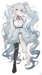  25-ji_miku 43_pon asymmetrical_legwear black_legwear blue_eyes chest_harness commentary dress female frilled_dress frills full_body grey_hair harness hatsune_miku heterochromia highres long_hair project_sekai purple_eyes single_thighhigh solo thighhighs twintails very_long_hair vocaloid white_background white_dress 