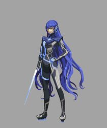  1boy androgynous armor awii bodysuit eyelashes full_body gloves long_hair male_focus pixel_art protagonist_(smtv) purple_hair shin_megami_tensei shin_megami_tensei_v simple_background solo sword very_long_hair weapon yellow_eyes 