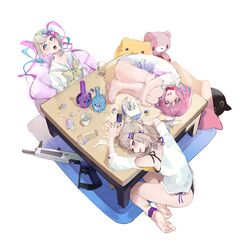  3girls :o aa-12 aa-12_(girls&#039;_frontline) aa-12_(smokeless_lollipop)_(girls&#039;_frontline) ankle_scrunchie arms_on_table bad_id bags_under_eyes bandaid bandaid_on_leg barefoot black_bra black_panties blue_eyes blue_hair blush bong bow bowtie bra can candy carpet cat-shaped_pillow chouzetsusaikawa_tenshi-chan cocaine collar colored_inner_hair commentary cone_hair_bun credit_card crossover cup drill_hair drinking_glass drugged drugs earrings english_commentary feet fetal_position food girls&#039;_frontline gloomy_bear gun hair_bun hair_ornament hairclip head_on_table highres hugging_own_legs idolmaster idolmaster_cinderella_girls jewelry lollipop long_hair long_sleeves lsd lying md5_mismatch mug multicolored_hair multiple_girls needy_girl_overdose oerba_yun_fang off-shoulder_shirt off_shoulder on_side on_table open_mouth packet palzden panties pill pill_earrings pink_collar pink_eyes pink_hair platinum_blonde_hair purple_scrunchie sailor_collar saliva school_uniform scrunchie serafuku shirt short_hair shotgun side-tie_panties sidelocks sitting soles spill star_(symbol) star_hair_ornament stuffed_animal stuffed_toy t-shirt table tears teddy_bear tissue tissue_box twin_drills underwear very_long_hair weapon white_sailor_collar white_serafuku white_shirt yellow_bow yellow_bowtie yumemi_riamu 