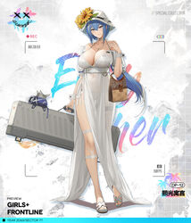  bag bare_shoulders bikini blue_hair blue_nails breasts brown_bag camera_phone character_name cleavage closed_mouth collarbone commentary commentary_request copyright_name dinergate_(girls&#039;_frontline) dp-12_(girls&#039;_frontline) dress english_commentary eyebrows_visible_through_hair female floor flower_hat girls&#039;_frontline grey_eyes hand_up hat highres holding holding_bag holding_case jewelry large_breasts legs long_hair looking_at_viewer multicolored_hair nail_polish necklace official_art pandea_work sandals simple_background smile solo standing summer sun_hat swimsuit toenails viewfinder weapon_case white_bikini white_dress white_headwear white_swimsuit 