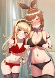  2girls bare_shoulders bikini blonde_hair blush breasts cagliostro_(granblue_fantasy) clarisse_(granblue_fantasy) cleavage collarbone cowboy_shot granblue_fantasy green_eyes hairband highres kourui large_breasts long_hair looking_at_viewer multiple_girls navel orange_hair ponytail purple_eyes small_breasts smile sweat swimsuit thighs 