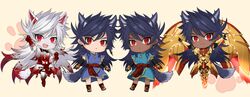  4boys alternate_design alternate_hair_color animal_ears armor blood blood_on_clothes blood_on_hands blood_stain blue_hair breastplate chibi closed_mouth clothing_cutout dark-skinned_male dark_blue_hair dark_skin earrings elbow_gloves energy fate/grand_order fate_(series) floating full_body gloves glowing_armor golden_wings gradient_hair greco-roman_clothes highres jewelry kemonomimi_mode long_hair male_focus multicolored_hair multiple_boys necklace onasu_(sawagani) outstretched_arms purple_hair red_eyes roman_clothes romulus_quirinus_(fate) short_sleeves side_cutout simple_background tail very_long_hair wings wolf_boy wolf_ears wolf_tail 