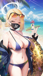  2girls bare_shoulders bikini black_gloves blonde_hair blue_archive blue_bikini blue_jacket breasts cleavage covered_mouth day extra eyewear_on_head fingerless_gloves gloves halo hayate_(leaf98k) highres innertube jacket large_breasts long_sleeves looking_at_viewer mask mouth_mask multiple_girls navel off_shoulder outdoors red_hair seaside_sukeban_(mg)_(blue_archive) seaside_sukeban_(smg)_(blue_archive) sideboob solo_focus stomach sunglasses swim_ring swimsuit thighs yellow_eyes 