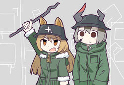  2girls animal_ears arknights black_headwear brown_eyes brown_hair ceobe_(arknights) chito_(shoujo_shuumatsu_ryokou) chito_(shoujo_shuumatsu_ryokou)_(cosplay) coat commentary_request cosplay dog_ears ears_through_headwear fur-trimmed_jacket fur-trimmed_sleeves fur_trim green_jacket grey_background grey_hair hand_up hat highres holding holding_stick horns horns_through_headwear jacket keirono long_hair material_growth multiple_girls oerba_yun_fang open_mouth oripathy_lesion_(arknights) red_eyes shoujo_shuumatsu_ryokou simple_background skin_fang stick upper_body v-shaped_eyebrows vulcan_(arknights) yuuri_(shoujo_shuumatsu_ryokou) yuuri_(shoujo_shuumatsu_ryokou)_(cosplay) 