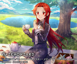  black_jacket black_legwear black_skirt blush breasts commentary_request copyright_name cup day female food grass hands_up hashimoto_hato holding holding_food jacket lake long_hair looking_at_viewer medium_breasts mountainous_horizon official_art outdoors picnic picnic_basket pie plate red_eyes red_hair school_uniform seiza sitting skirt smile solo sword_art_online sword_art_online:_alicization sword_mastery_academy_school_uniform tea teacup tiese_schtrinen tree very_long_hair zenonzard 