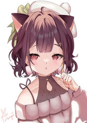  :o alternate_breast_size animal_ears bad_id bad_twitter_id beret blush brown_hair cat_ears collarbone earrings female flat_chest grey_sweater halterneck hat highres jewelry kemonomimi_mode miori_celesta miori_celesta_(2nd_costume) off-shoulder_sweater off_shoulder official_alternate_costume open_mouth pink_eyes pom_pom_(clothes) portrait short_hair solo sweater tsunderia usa_(yameusa) virtual_youtuber white_background white_hat 