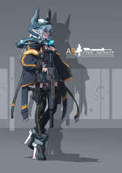  ar-57 blue_eyes blue_hair english_text from_side gun high_heels highres holding holding_gun holding_weapon long_hair long_pointy_ears looking_ahead nenchi original pointy_ears weapon 