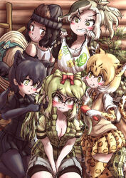  5girls :&lt; :q animal_ears animal_print bare_arms beanie behind_another black_hair black_leopard_(kemono_friends) blonde_hair blush bow breasts brushing_another&#039;s_hair brushing_hair c: camisole cleavage closed_mouth collared_vest comb crocodilian_tail elbow_gloves extra_ears fang_out glasses gloves green_eyes green_hair grin hair_between_eyes hairbow hairdressing hat high_ponytail highres holding holding_clothes holding_comb indoors jacket kemono_friends kemono_friends_3 kneeling leopard_(kemono_friends) leopard_ears leopard_girl leopard_print leopard_tail long_hair long_sleeves looking_at_another medium_breasts medium_hair miniskirt multicolored_hair multiple_girls necktie oerba_yun_fang orange_eyes pantyhose pleated_skirt print_gloves print_necktie print_skirt print_thighhighs saltwater_crocodile_(kemono_friends) shirt short_sleeves sitting skin_fang skirt smile spectacled_caiman_(kemono_friends) sweater_vest tail tan teriiman thighhighs tongue tongue_out unzipped v_arms vest western_lowland_gorilla_(kemono_friends) white_hair yellow_eyes zettai_ryouiki zipper zipper_pull_tab 