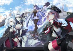  4girls absurdres animal_ears apron azur_lane bare_shoulders black_cape black_footwear black_gloves black_headwear blue_eyes blue_hair blue_sky bodystocking boots breasts buttons cape cheshire_(azur_lane) cloud cloudy_sky coat cross detached_sleeves double-breasted drake_(azur_lane) dress elbow_gloves fake_animal_ears floating_hair frilled_dress frills from_behind garter_straps gloves grey_hair hat headgear high_heels highres iron_cross large_breasts long_hair long_ribbon long_sleeves military military_hat military_uniform multicolored_hair multiple_girls new_jersey_(azur_lane) outdoors peaked_cap pink_hair ponytail puffy_detached_sleeves puffy_sleeves purple_apron purple_hair red_dress renirum_14 seydlitz_(azur_lane) shoes sitting sky smile streaked_hair thigh_boots thighhighs two-tone_dress two-tone_hair uniform very_long_hair water white_coat white_dress white_footwear white_garter_straps white_gloves white_thighhighs yellow_eyes 