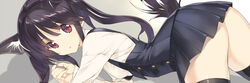  animal_ear_fluff animal_ears black_dress black_hair black_skirt black_thighhighs cat_ears dress female grey_background long_hair long_sleeves looking_at_viewer original parted_lips pleated_skirt sasaki_mutsumi shirt sidelocks simple_background skirt solo tail thighhighs twintails white_shirt 