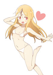  absurdres bikini blonde_hair blush breasts bural_chingu commentary female hair_between_eyes heart highres korean_commentary lee_ji-min leg_up looking_at_viewer luke_(dydansgur) navel open_mouth red_eyes simple_background small_breasts smile solo swimsuit white_background 