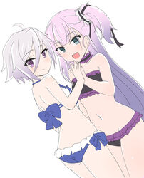  2girls ahoge bikini blush bow frilled_bikini frills gradient_hair grey_hair hair_between_eyes itomi_sayaka junes long_hair multicolored_hair multiple_girls one_side_up open_mouth pink_hair purple_hair short_hair simple_background smile swimsuit toji_no_miko tsubakuro_yume white_background 