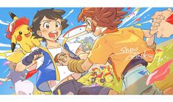  2boys blue_jacket blush brown_eyes brown_hair clothed_pokemon cloud commentary_request day falinks green_eyes hat holding_hands jacket koko_(pokemon) letterboxed male_focus multiple_boys open_mouth outdoors pikachu pokemon pokemon_(anime) pokemon_(creature) pokemon_the_movie:_secrets_of_the_jungle protected_link rate_(naze_besu_latte) rillaboom satoshi_(pokemon) shirt short_hair short_sleeves shorts sky sleeveless sleeveless_jacket smile t-shirt teeth white_shirt 