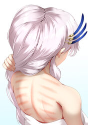  back back_focus bare_back commentary feather_hair_ornament feathers female from_behind grey_hair hadant hair_behind_ear hair_ornament holding holding_own_hair hololive hololive_indonesia indonesian_commentary long_hair median_furrow naked_towel pavolia_reine solo towel upper_body virtual_youtuber 