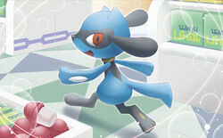  brown_eyes creature full_body gen_4_pokemon indoors mizue no_humans official_art pokemon pokemon_(creature) pokemon_trading_card_game riolu running solo x_attack 