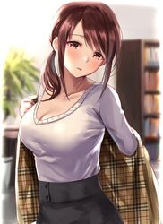  black_skirt blush breasts brown_eyes brown_hair cleavage collarbone female highres idolmaster idolmaster_cinderella_girls large_breasts long_hair long_sleeves looking_at_viewer mifune_miyu off_shoulder parted_lips ponytail sg_(esujii) shirt sidelocks skirt solo white_shirt 