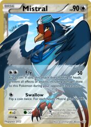  absurd_res avian avian_feet beak blue_body english_text feathered_crest feathered_wings feathers feet female feral flying generation_3_pokemon head_crest hi_res markings mistral_(gyro) nintendo pokemon pokemon_(species) pokemon_card red_markings shazzykatana solo swellow tail tail_feathers talons text toes trading_card trading_card_game white_body white_markings wings yellow_eyes 